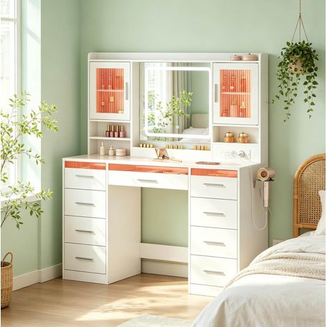 Schminktisch 110x40x140 cm Weiß Holz & Glas mit LED und Stauraum – MEUBLIV (1/5)