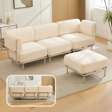 Canapé d’angle modulable 3 places 251x155x78 cm avec pouf mobile, assise en mousse haute densité, tissu chenille beige, style scandinave (1/5)