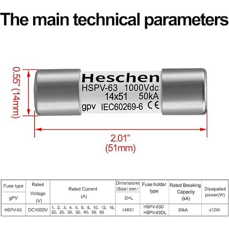 Heschen DC1000 V HSPV-63 14 x 51 mm 1000 VDC 50 kA PV Solar Protection Fuse Pack of (1/4)