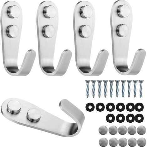 Lot de 5 crochets porte-manteaux muraux robustes en acier inoxydable, crochets en J avec vis et caches décoratifs