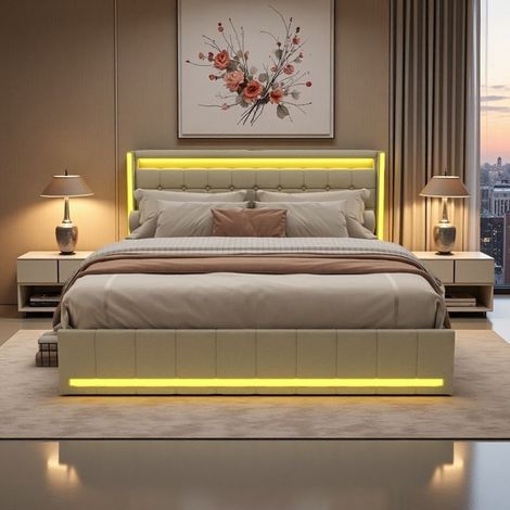Doppelbett 140x200 - Beige - 4 Schubladen - LED RGB - USB/Type-C - Ökologisches Design