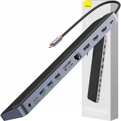 Baseus EliteJoy Gen2 Hub USB universale 12 in 1 con cavo USB-C da 25 cm, supporto per notebook, USB-A / USB-C / DP / HDMI / SD / TF / RJ45 / jack da 3,5 mm / PD 100 W, grigio (WKSX030213) (1/5)