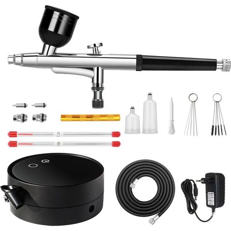 Kit d'aérographe avec compresseur, kit d'aérographe à double action avec 3 niveaux de pression (25/38/48 PSI) et buses de 0,2/0,3/0,5 mm, kit de pistolet aérographe pour les loisirs créatifs, nail art (1/5)