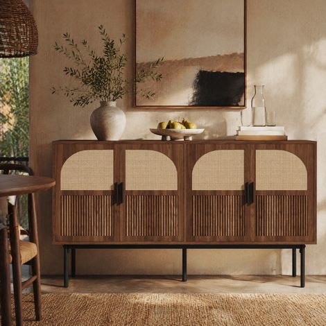 Credenza a 4 porte stile moderno rétro, MDF naturale, 140 x 40 x 80 cm, OKWISH (1/5)