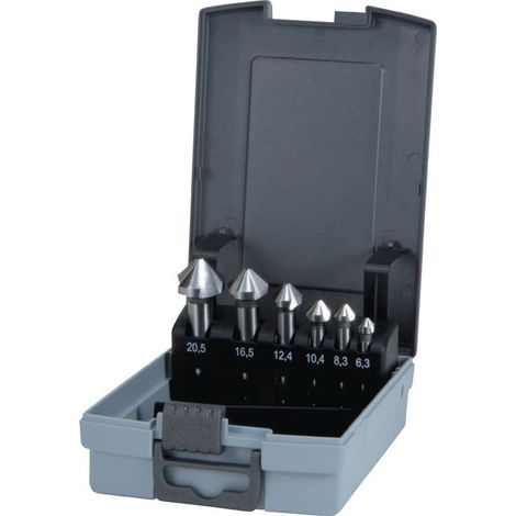 Juego de avellanadores cónicos y desbarbadores RUKO de 6 piezas DIN 335 Forma C 90° HSSE-Co 5 Ø 6,3 - 20,5 mm en estuche de plástico - 102152ERO