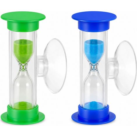 Lot de 2 sabliers pour le brossage des dents pour enfants, 3 minutes avec ventouse, sablier 3 minutes en verre et ABS pour salle de bain, cuisine et apprentissage (vert + bleu) (1/5)