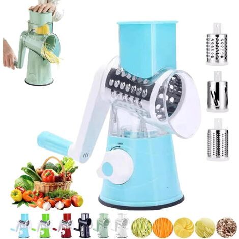 Broyeur rotatif, coupe-légumes multifonctionnel à manivelle, hachoir et trancheur de fruits et légumes de cuisine avec 3 lames remplaçables, le meilleur assistant en cuisine (bleu ciel) (1/4)