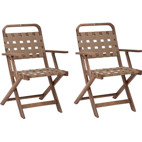 Set of 2 Garden Chairs Brown Acacia Wood Wooden Frame Woven Backrest and Seat Modern Style MILZANO (1/5)