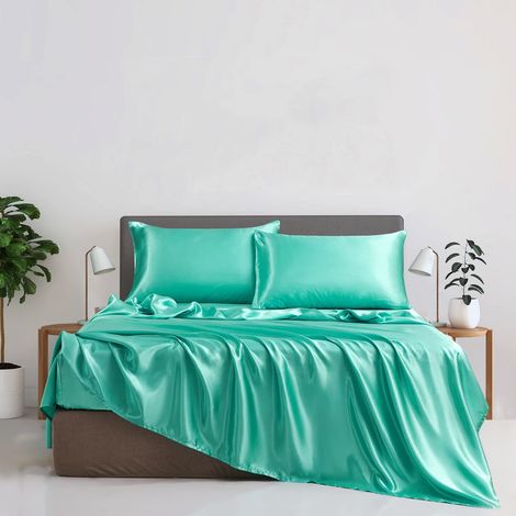 Drap-housse en satin 160x200cm Vert Menthe Soie Satiné Drap-housse en satin adapté pour des matelas jusqu'à 30cm (1/5)