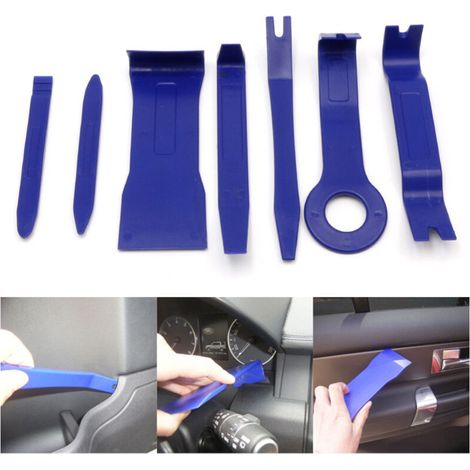Kit d'outils de modification et de démontage pour systèmes audio de voiture (7 pièces) : clips de panneau de porte, tournevis, levier bleu. Kit d'outils de démontage et de réparation des garnitures in (1/5)