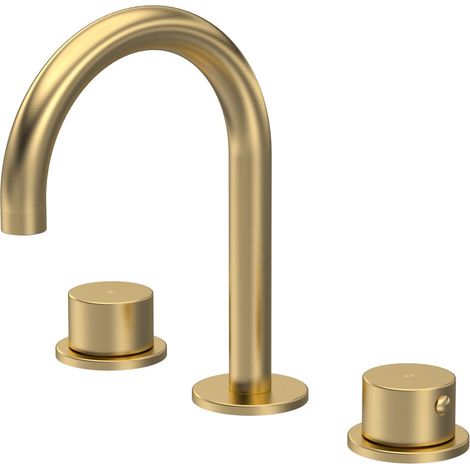Hademore Contemporary 3 Tap Hole Basin Mixer Tap with Curved Spout and Round Handles, Brushed Brass (1/2)