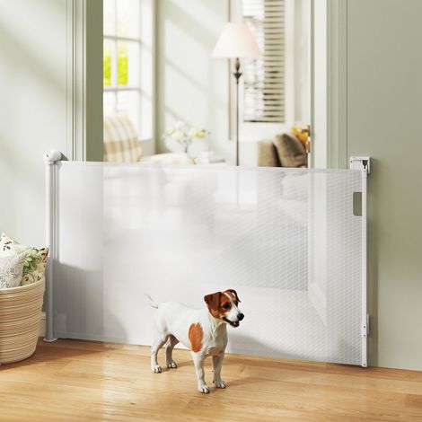 Barrera extensible para perros pequeños, de 0 a 125 cm, retráctil con cierre automático para puertas y pasillos, color blanco.