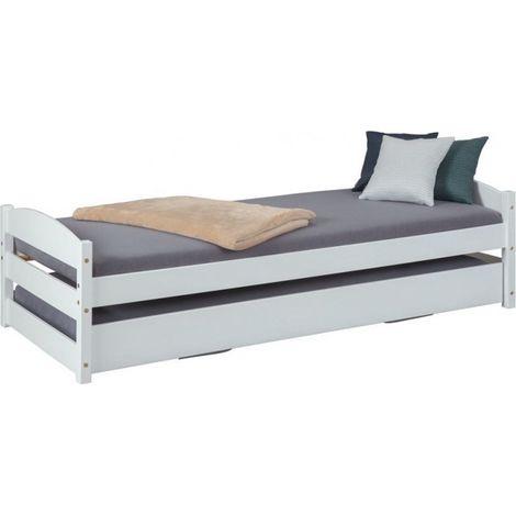 Lit gigogne enfant en pin massif coloris blanc - 90x 200 cm -PEGANE- (1/4)