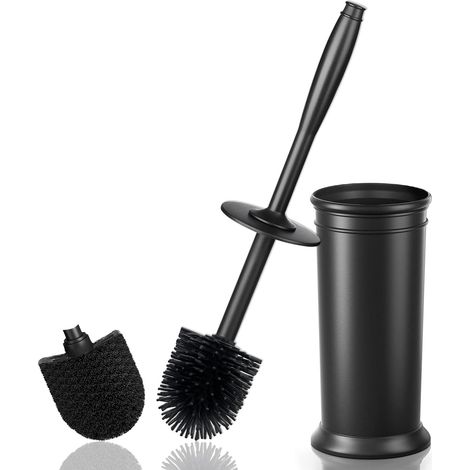 Brosse WC noire avec 2 têtes de brosse flexibles, long manche, en silicone, avec support de brosse WC debout, pour salle de bain (1/5)