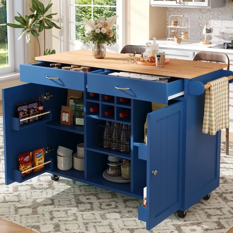 Isla de cocina con ruedas 102 x 45 x 92 cm con almacenaje, MDF y metal, azul DESVIAE (1/5)