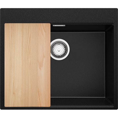 PRIMAGRAN Evier Cuisine en Granit 58x50cm,Lavabo 1 bac + Kit de Vidage + Planche à Découper, Évier à Encastrer au meuble 60cm - Oslo, Noir (1/5)