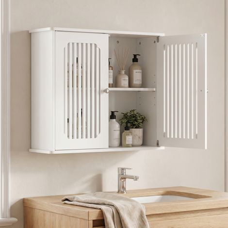 Armoire murale pour salle de bains, armoire suspendue de salle de bains à double porte et façade à lamelles, armoire de rangement murale pour la maison, blanche (1/5)