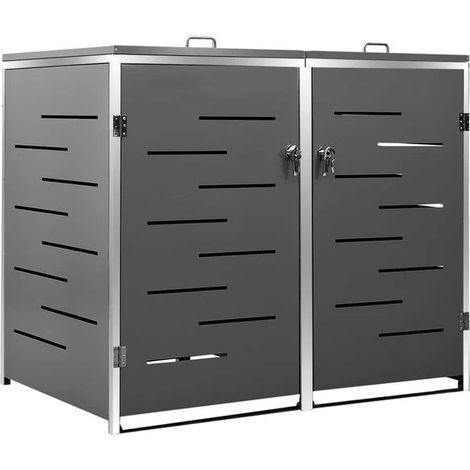 Un abri pouvant accueillir deux poubelles, mesurant 138 x 77,5 x 112,5 cm, en acier inoxydable.