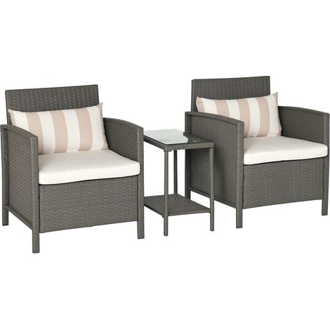 Outsunny 3 Pieces Rattan Bistro Set, Wicker Garden Furniture Set, Glass Top 2-tier Coffee Table and Chairs Set with Pillows and Washable Cushions for Outdoor, Patio, Balcony, Light Grey