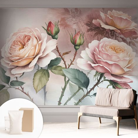 Newroom Tapete Dekorative Vliestapete mit Kleber Modern für Wohnzimmer Schlafzimmer  Pastellfarbene Rosen 312x219 cm (1/5)