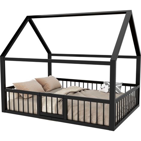 Lit plat en métal 140 x 200 cm, cadre de lit en métal, lit en fer, lit enfant, sans matelas, moulures décoratives en forme de maison, garde-corps, noir (1/5)