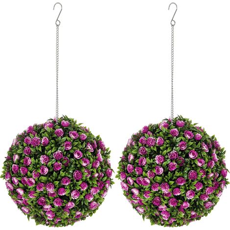Set of 2 UV-Protected Purple Artificial Rose Ball Topiaries for Indoor and Outdoor Home Decor, 28cm Fake Plants
