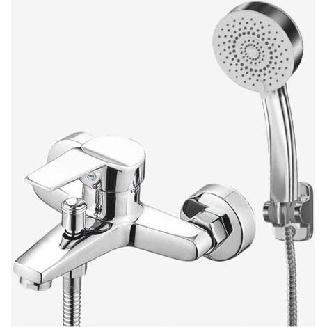 Bath and shower mixer, bath tap with hand shower and hose, bracket, chrome, silver (1/3)