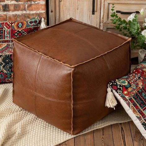 Pouf Carré en Cuir PU – 45×45 cm, sans Rembourrage, à Remplir Soi-Même, Housse Intérieure Incluse, Repose-Pieds Décoratif pour Salon et Chambre, Charge 100 kg, Marron (1/5)