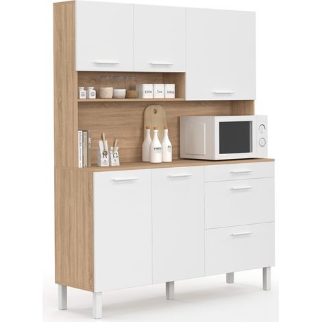 Küchenbuffet 140 cm CINA 5 Türen + 3 Schubladen in Buchenholzoptik und Weiß (1/5)