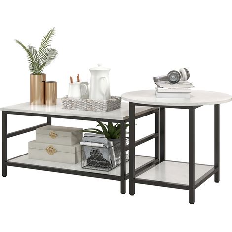 Lot de 3 tables basses et d'appoint, aspect marbre, pieds réglables, acier noir et blanc