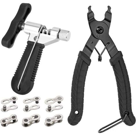Outil Professionnel Réparation de Chaîne Vélo, Séparateur de Chaîne Universel, Indicateur d'usure de Chaîne Avec 6 Connecteur de Maillon de Chaîne,huit pièces, noir,