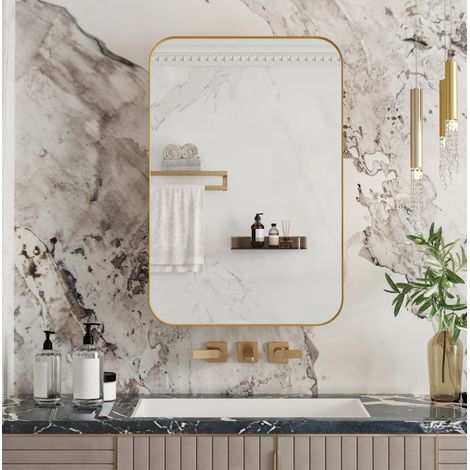 Spiegelschrank goldfarben aus Glas und Metall mit verstellbaren Einlegeböden und Wand- oder Unterputzmontage (1/5)