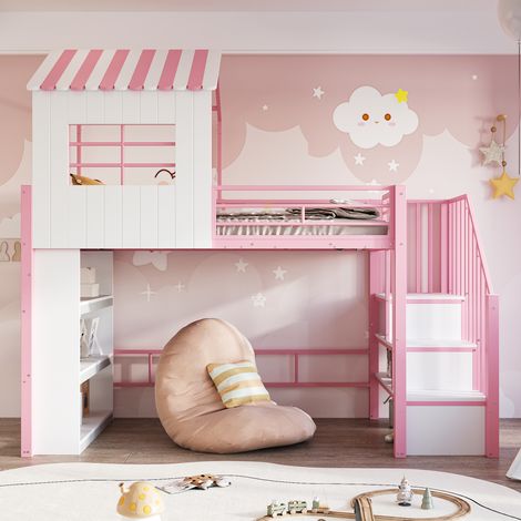 Lit mezzanine en métal forgé 90x200 cm, design maison, garde-corps surélevé, rangement multi-étagères, échelle stable (installation gauche ou droite), couchage enfant et ado, teinte rose (1/5)