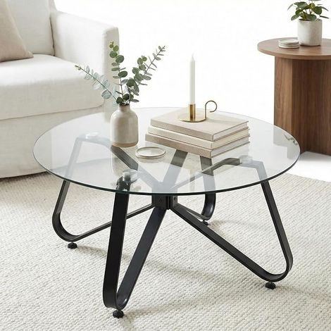 Modern Coffee Table, 80 cm, Round, Tempered Glass, with Non-Slip Feet, Metal Frame, Stable Side Table for Living Room (1/3)