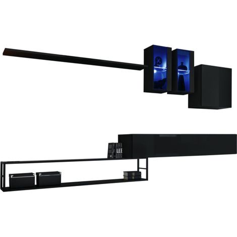 Ensemble meuble TV mural Switch Met I avec étagères métal, vitrine et éclairage LED - Bois MDF noir brillant - 330 x 180 x 40 cm - Livraison gratuite (1/5)