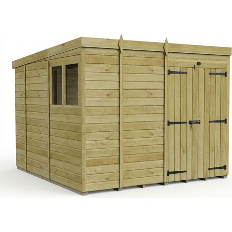 9ft x 10ft Pent Garden Shed Double Door With Windows - Pressure Treated Timber - L274 x W305 x H210 cm - Natural