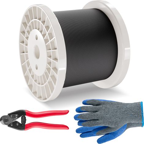 VEVOR Kit de Cables de Alambre de 3,18 mm Cable de Acero Inoxidable 316 de 152,4 m con Cortador y Guantes, Resistencia a la Rotura de 7,1 kN, 7 x 7 Hebras, Cables de Grado de Aeronáutico, Negro
