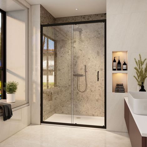 Stech Homes 1500x1850mm Black Sliding Shower Door Walk In Enclosure Bathroom Cubicle (1/5)