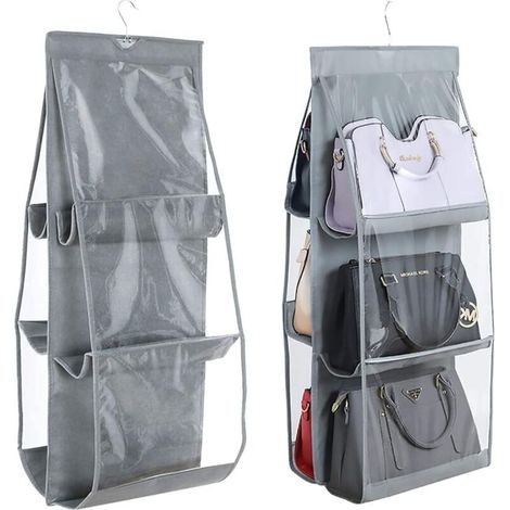 2-Piece Hanging Handbag Organizer, Storage Bag for Wardrobe, Closet, Organizer System, 6 Dustproof Pockets, Transparent Compartment, Non-Woven Fabric - Gray (1/5)
