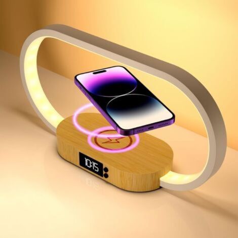 Lampe de chevet ACKERMAN avec chargeur rapide sans fil et horloge, lampe tactile en bois pour chambre à coucher, 3 modes de couleur (1/5)
