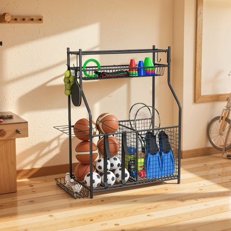 Mueble de almacenamiento para material deportivo con cestas, ganchos extraíbles y correas elásticas, 92 x 42 x 109 cm, negro.