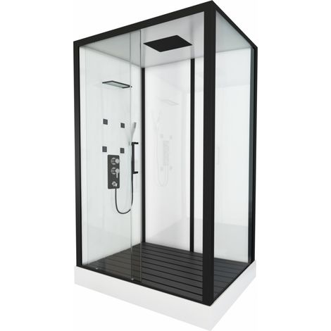 Sanitaire – Cabine de douche rectangulaire STREET XXL 85x140 cm – Structure en aluminium noir – Porte coulissante en verre trempé – Douche de tête intégrée