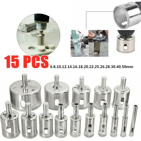 Set mit 15 Diamantbohrern für Lochsägen, Schneidwerkzeug von 6 bis 50 mm für Fliesen, Marmor und Glas. (1/5)