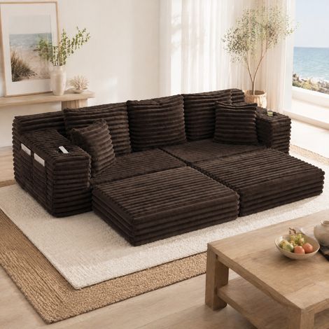 Divano letto in tessuto corduroy marrone, schienale alto, portabicchieri, HAVRYA (1/5)