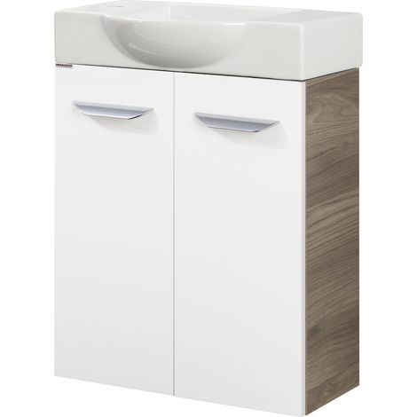 Fackelmann LUXOR SBC Gäste-WC Set 2 Teile – Waschtischunterschrank in Weiß mit Holz Braun mit Waschbecken aus Keramik – Waschbeckenunterschrank schmal – 2 Türen – Hahnloch links – 55 cm breit"-"900791 (1/3)