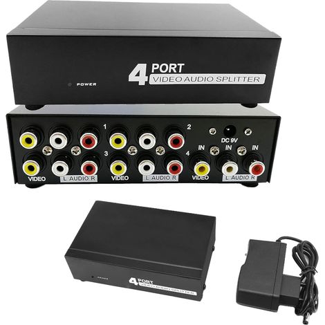 Divisor CVBS 4 AV RCA cinch, adaptador divisor 4x1 con fuente de alimentación de 9 V CC (1/5)