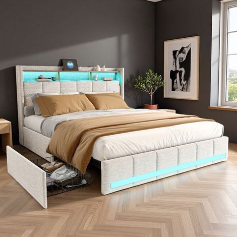 Cama doble 180x200 cm con somier de lamas, Cama tapizada 180x200 cm, 4 cajones y LED, Cama para adultos, Estructura de cama 180x200 cm, Beige (1/5)