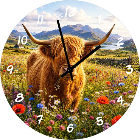 Horloge murale Vache Highland en verre 29 cm décoration nature (1/2)