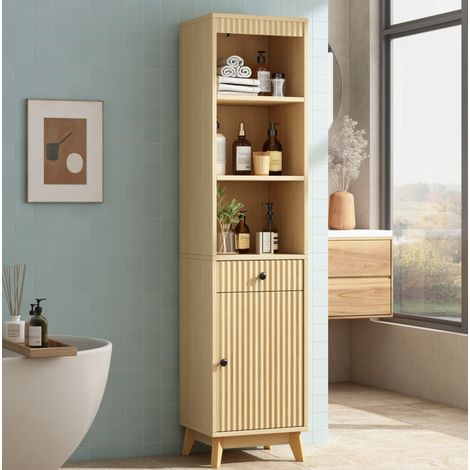 Mueble columna de baño 172 cm con cajón y puerta reversible, madera natural DESVIAE (1/5)