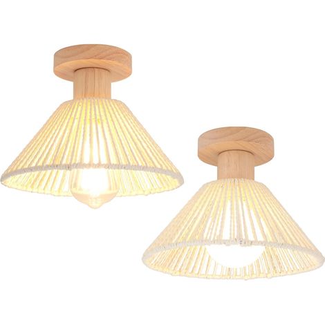 Lot de 2 Plafonnier Rotin Bois Abat-jour Papier Vintage E27 Décor Chambre Couloir (1/5)
